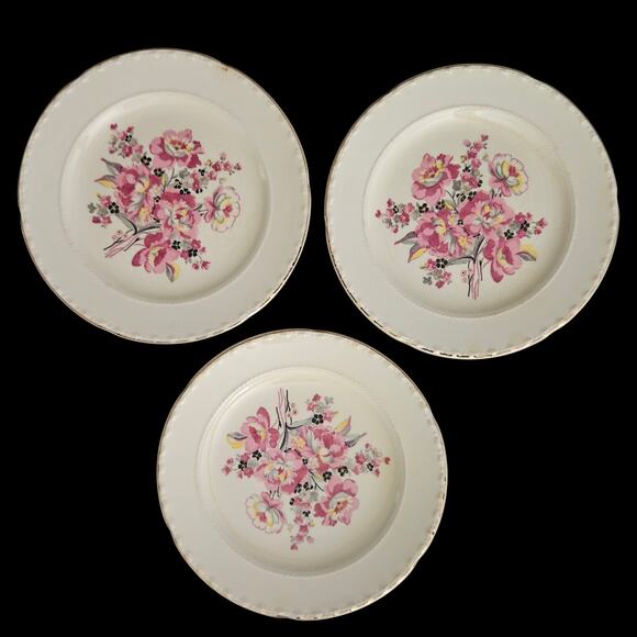 Vintage Crooksville China 639 Pink Floral 6" Plates Set of 3 USA Gold Trim - Picture 6 of 7